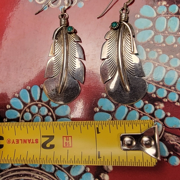 Sterling Silver Feather and Turquoise Earrings - Picture 6 of 6